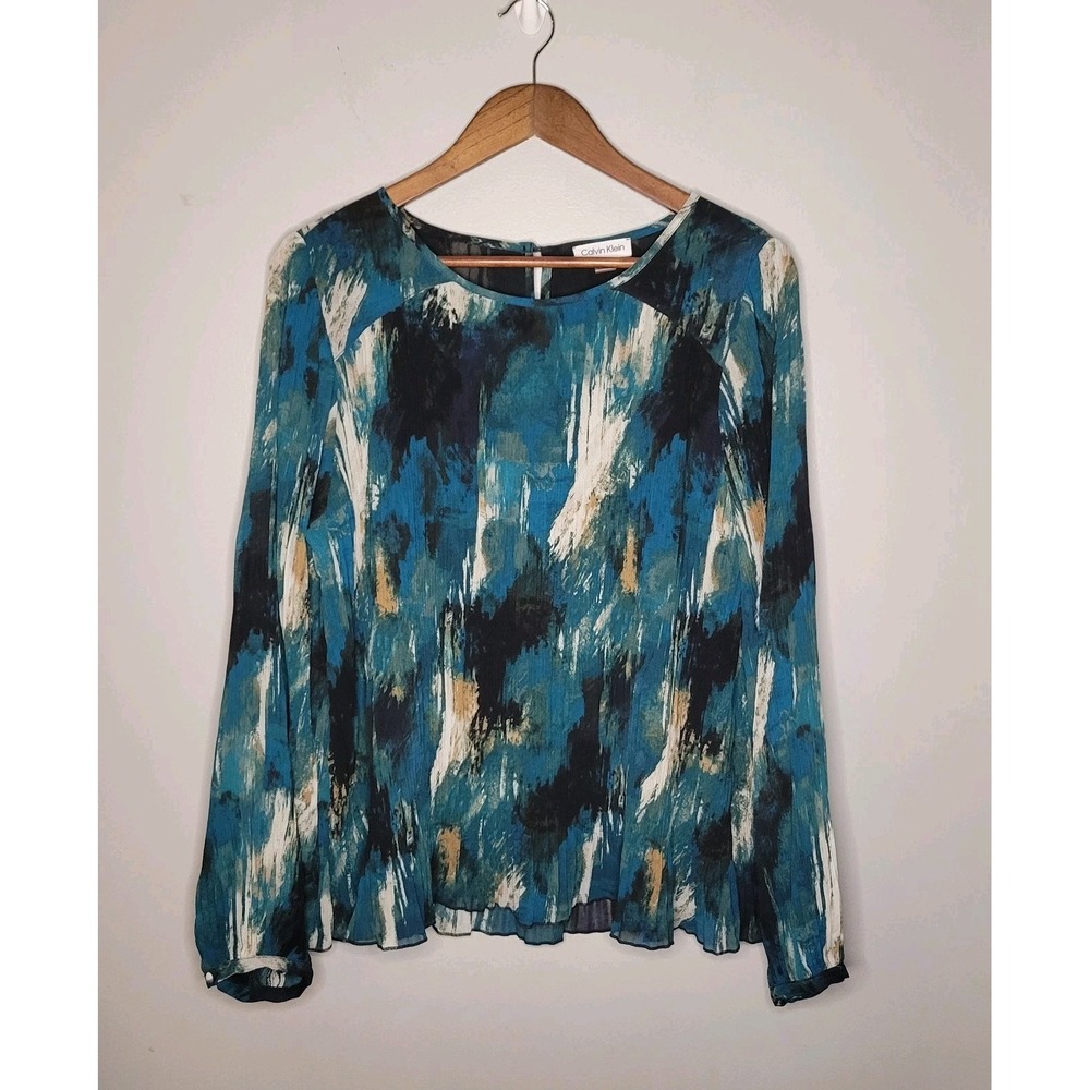 Calvin Klein Women's Watercolor Printed Top Pleated Size XL Greens Blues Dressy